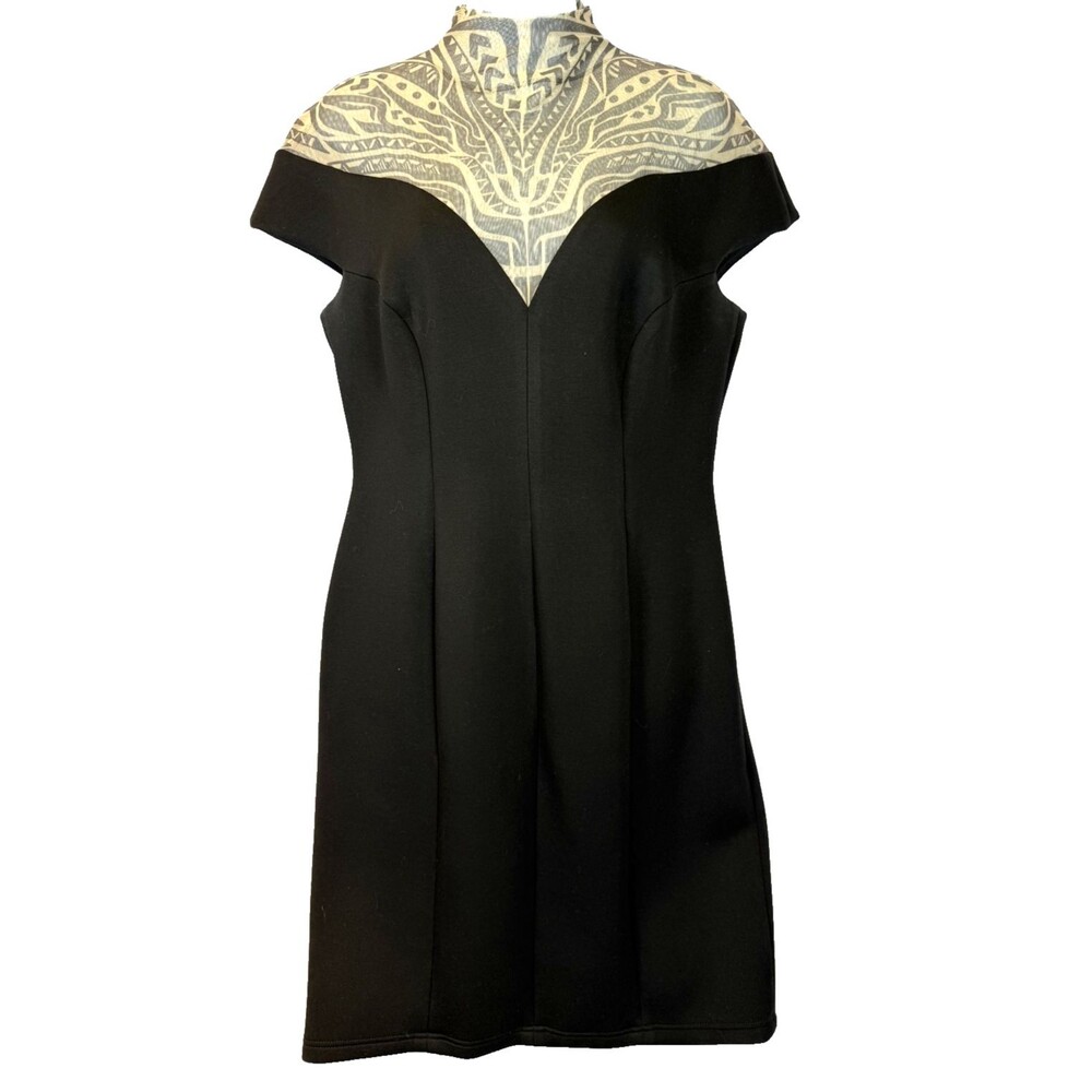 Tadashi Shoji Sheath Dress Cocktail Party PXL Petite XL Black Beige Mesh Yoke